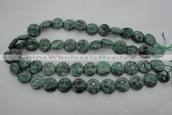 CPT329 15.5 inches 16mm flat round green picture jasper beads