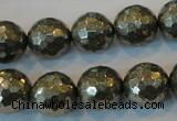 CPY111 15.5 inches 16mm faceted round pyrite gemstone beads wholesale