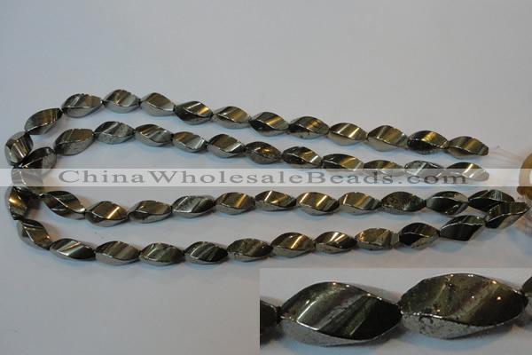 CPY347 15.5 inches 8*16mm twisted rice pyrite gemstone beads wholesale