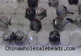 CRB1816 15.5 inches 4*6mm faceted rondelle black rutilated quartz beads