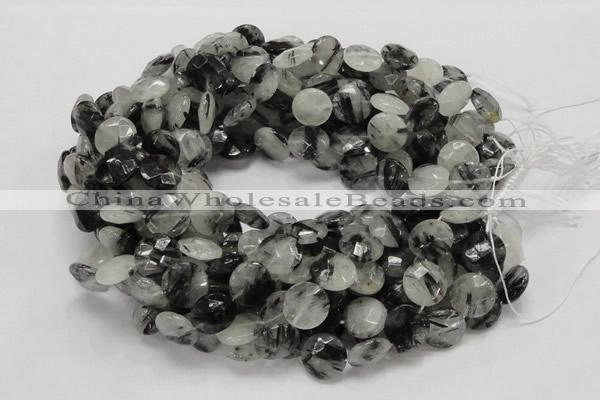 CRU04 15.5 inches 15mm faceted flat round black rutilated quartz beads