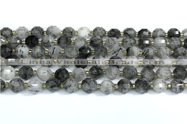 CRU1050 15 inches 9mm - 10mm faceted black rutilated quartz beads