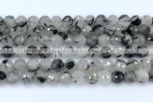 CRU1071 15 inches 8mm faceted round black rutilated quartz beads