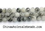 CRU1095 15.5 inches 14mm faceted round black rutilated quartz gemstone beads