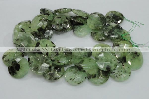 CRU117 15.5 inches 30mm faceted coin green rutilated quartz beads