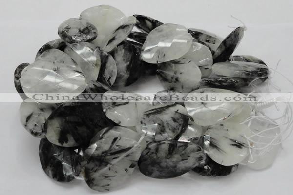 CRU24 15.5 inches 30*40mm faceted freeform black rutilated quartz beads