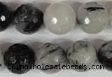 CRU317 15.5 inches 16mm faceted round black rutilated quartz beads