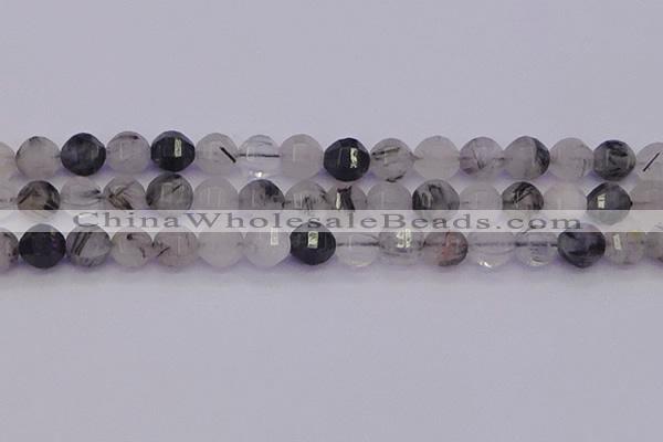 CRU522 15.5 inches 8mm faceted round black rutilated quartz beads