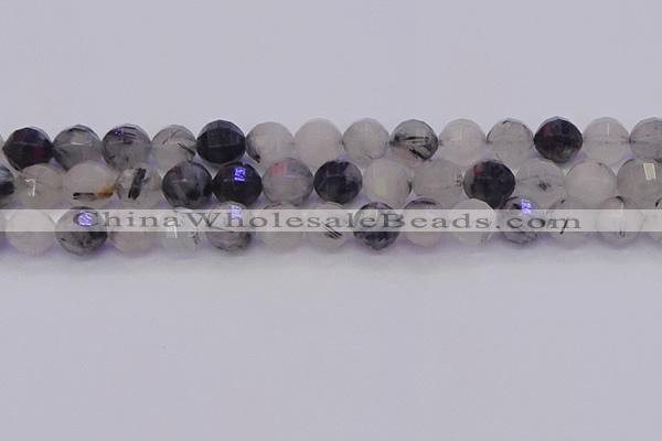 CRU523 15.5 inches 10mm faceted round black rutilated quartz beads
