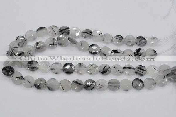 CRU93 15.5 inches 14mm faceted coin black rutilated quartz beads