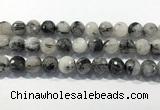 CRU936 15.5 inches 14mm faceted round black rutilated quartz beads