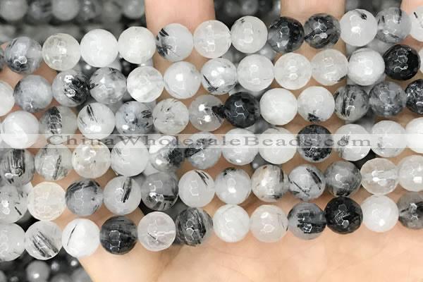 CRU967 15.5 inches 8mm faceted round black rutilated quartz beads