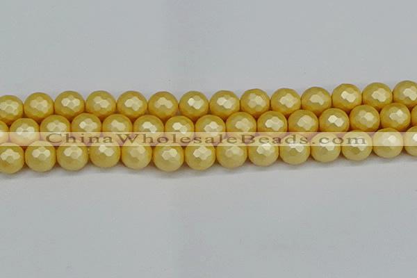 CSB1815 15.5 inches 14mm faceetd round matte shell pearl beads