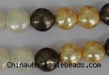 CSB185 15.5 inches 12mm flat round mixed color shell pearl beads