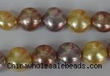 CSB186 15.5 inches 12mm flat round mixed color shell pearl beads