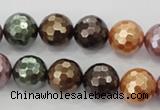 CSB512 15.5 inches 12mm faceted round mixed color shell pearl beads