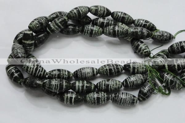 CSJ20 15.5 inches 15*30mm rice green silver line jasper beads