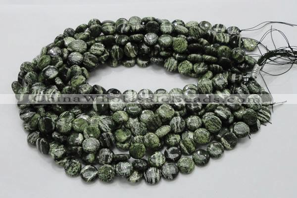 CSJ41 15.5 inches 10mm flat round green silver line jasper beads