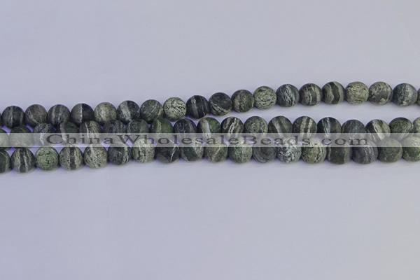 CSJ502 15.5 inches 8mm round matte green silver line jasper beads