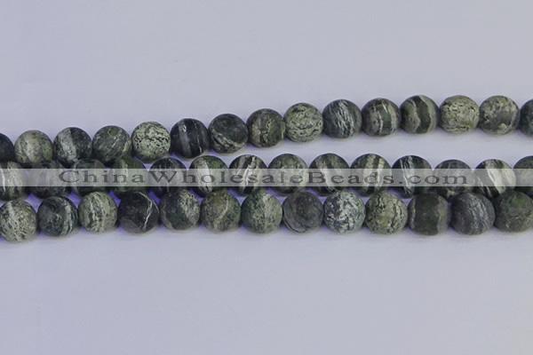 CSJ505 15.5 inches 14mm round matte green silver line jasper beads