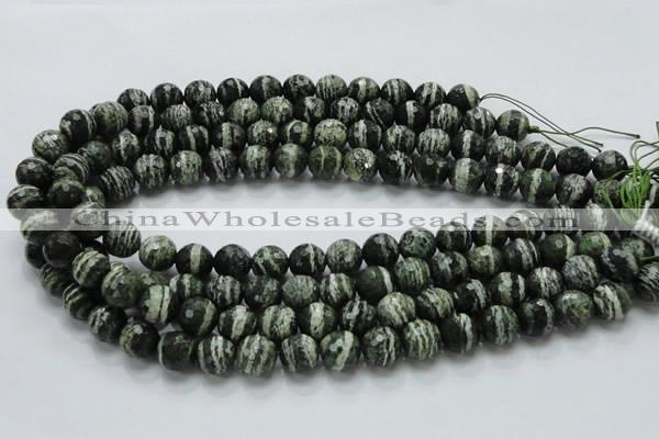 CSJ66 15.5 inches 12mm faceted round green silver line jasper beads
