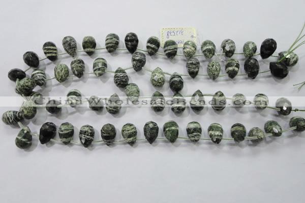 CSJ86 Top-drilled 10*14mm faceted teardrop green silver line jasper beads