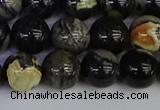 CSL214 15.5 inches 12mm round black silver leaf jasper beads