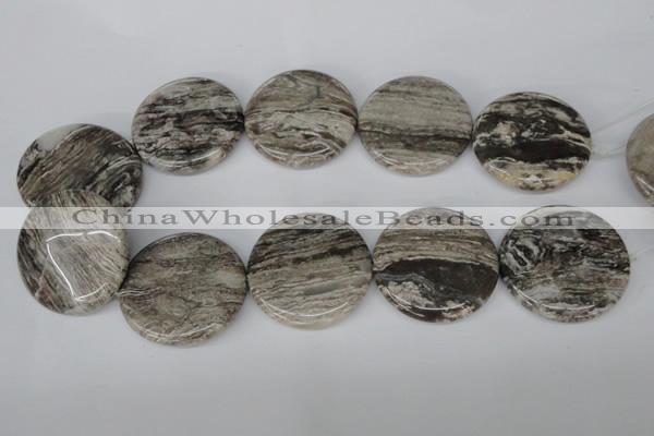 CSL37 15.5 inches 40mm flat round silver leaf jasper beads wholesale