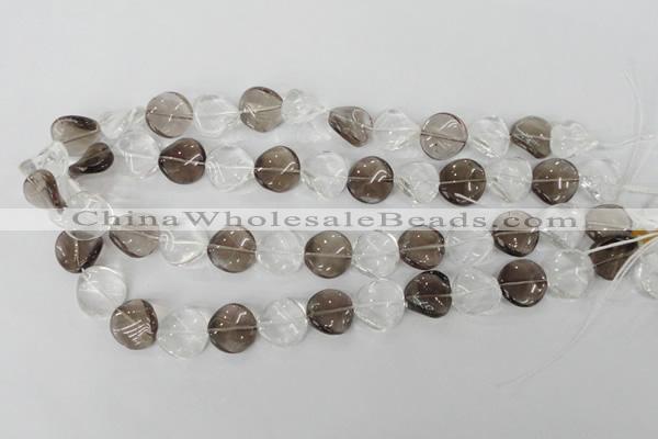 CSQ153 15.5 inches 16mm twisted coin white crystal & smoky quartz beads