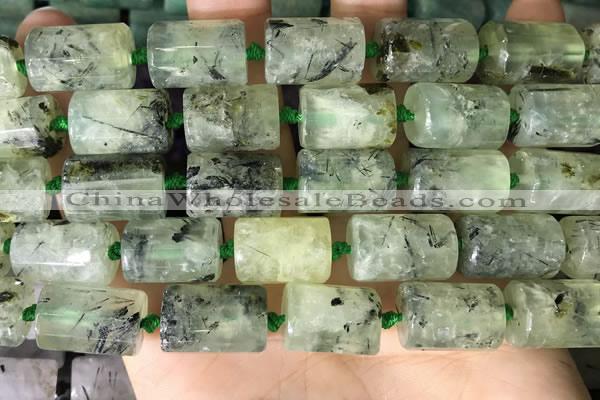 CTB654 15.5 inches 12*16mm faceted tube green rutilated quartz beads