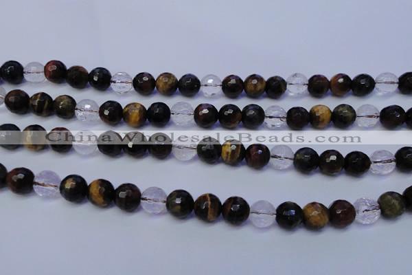 CTE1132 15 inches 8mm faceted round mixed tiger eye & white crystal beads