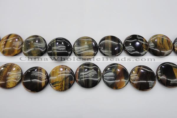 CTE1352 15.5 inches 30mm flat round yellow & blue tiger eye beads