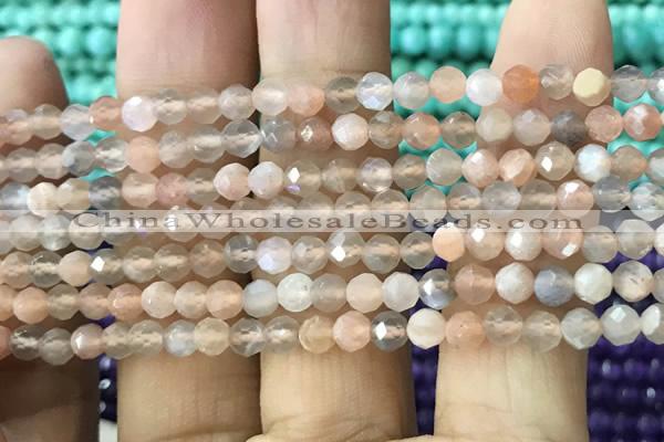 CTG1207 15.5 inches 4mm faceted round tiny rainbow moonstone beads