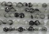 CTG208 15.5 inches 4mm faceted round tiny black rutilated quartz beads