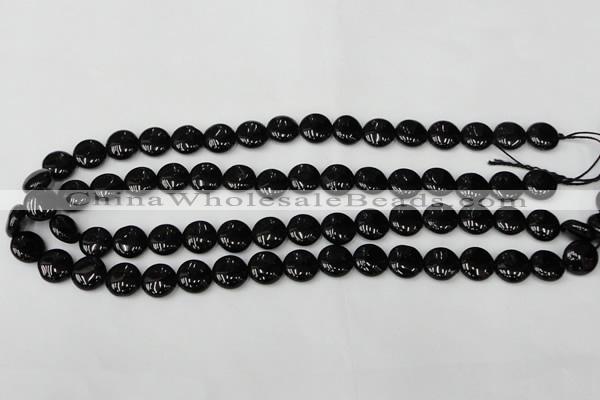 CTO128 15.5 inches 12mm flat round black tourmaline beads