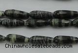 CTR10 15.5 inches 6*16mm faceted teardrop green silver line jasper beads
