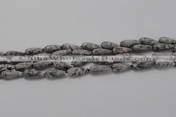 CTR102 15.5 inches 8*20mm faceted teardrop grey picture jasper beads