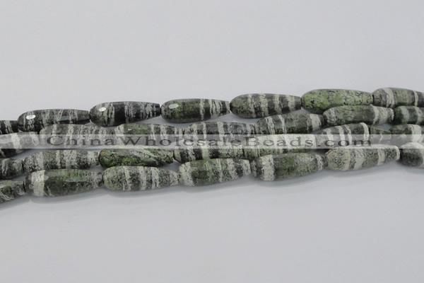 CTR140 15.5 inches 10*30mm faceted teardrop green silver line jasper beads