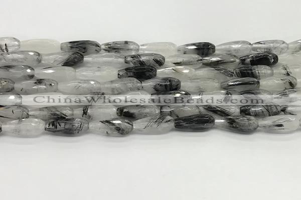 CTR155 15.5 inches 6*16mm faceted teardrop black rutilated quartz beads