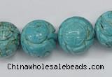 CTU884 15.5 inches 18mm carved round dyed turquoise beads