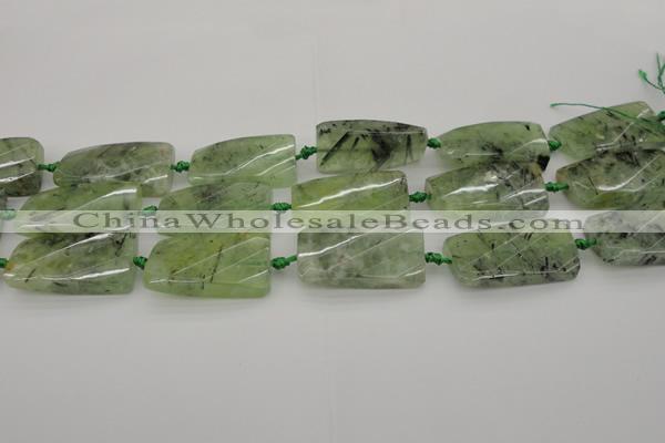 CTW454 20*38mm faceted & twisted rectangle green rutilated quartz beads