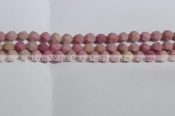 CWF32 10mm faceted nuggets matte pink wooden fossil jasper beads