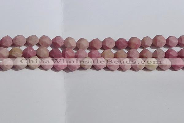 CWF33 12mm faceted nuggets matte pink wooden fossil jasper beads