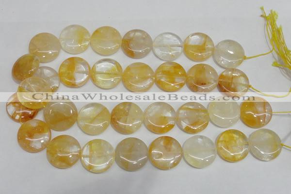 CYC07 15.5 inches 25mm flat round yellow crystal quartz beads