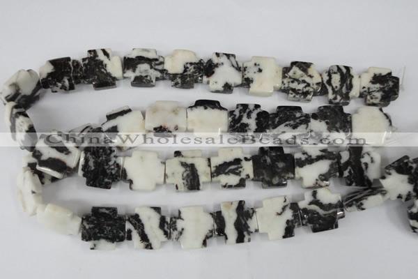 CZJ229 15.5 inches 20*20mm cross black & white zebra jasper beads