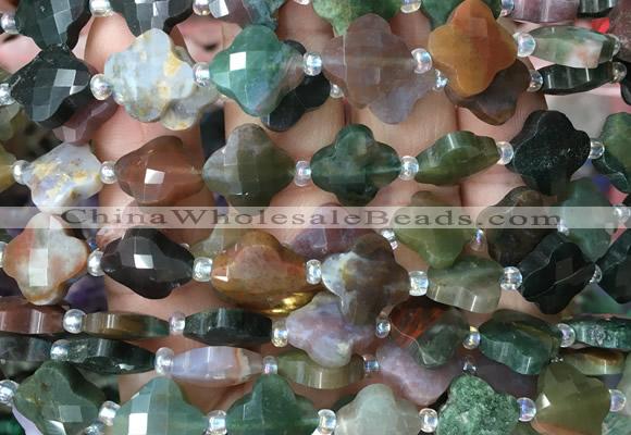 FGBS03 15 inches 12mm faceted Four leaf clover Indian agate beads