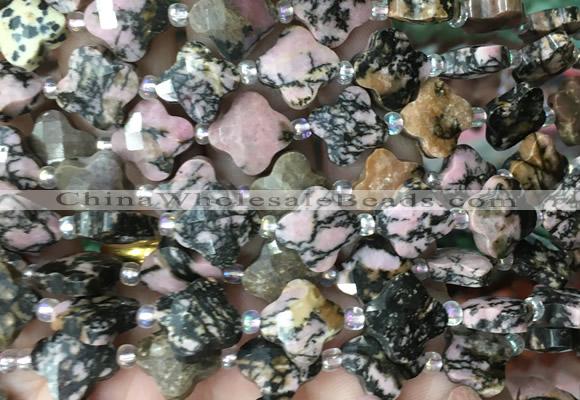FGBS06 15 inches 12mm faceted Four leaf clover rhodonite beads