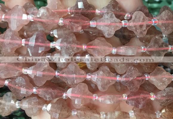 FGBS07 15 inches 12mm faceted Four leaf clover strawberry quartz beads