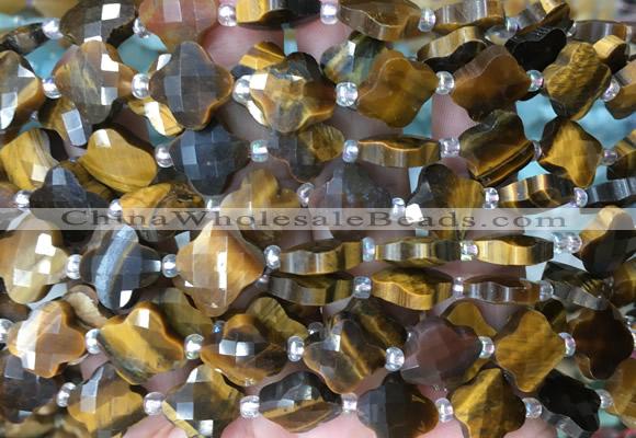 FGBS15 15 inches 12mm faceted Four leaf clover yellow tiger eye beads