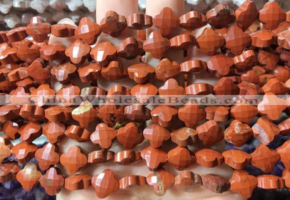FGBS229 15 inches 10mm faceted four leaf clover red jasper beads wholesale
